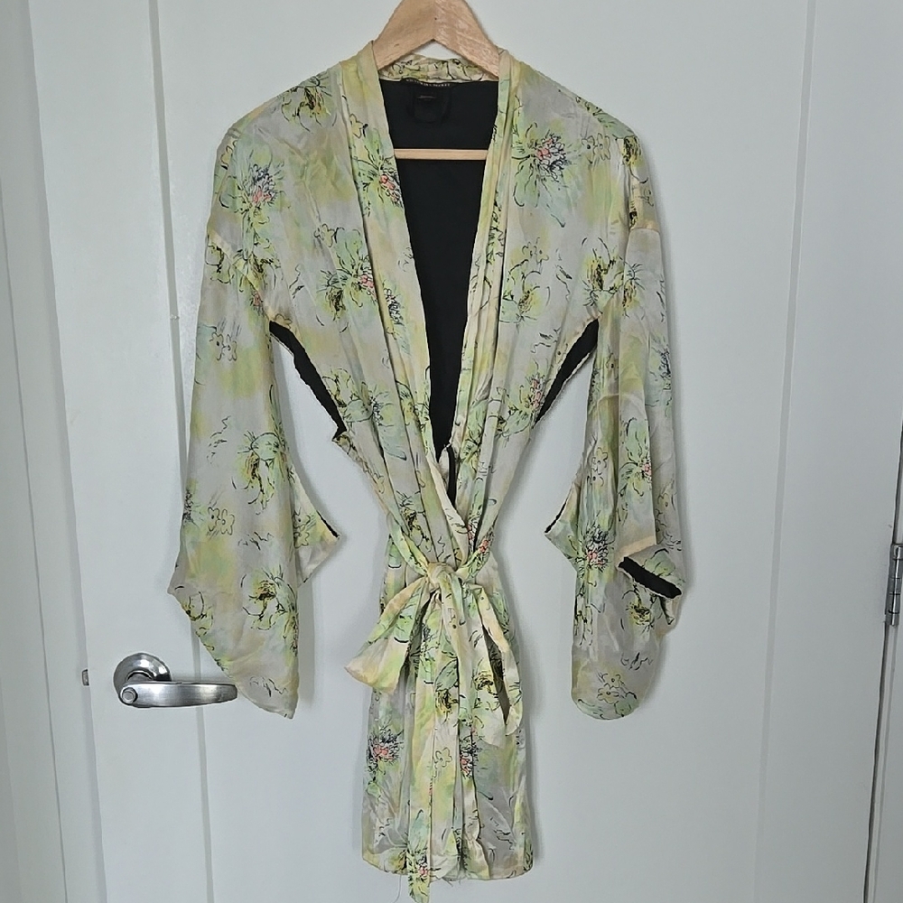 Victoria's Secret Floral Satin Robe - Cream and Green